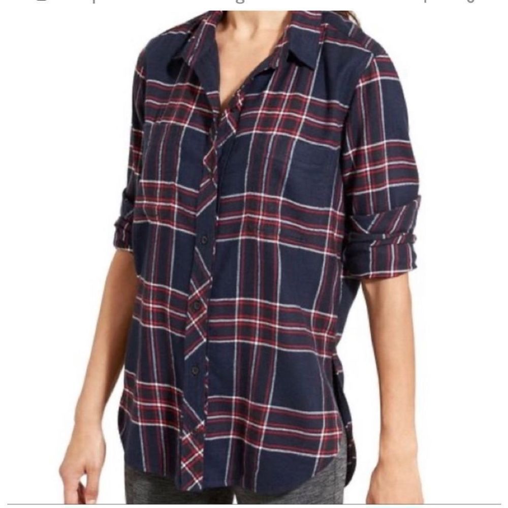 Athleta Lumberjill Flanel Plaid Shirt Navu Red White Sz XS